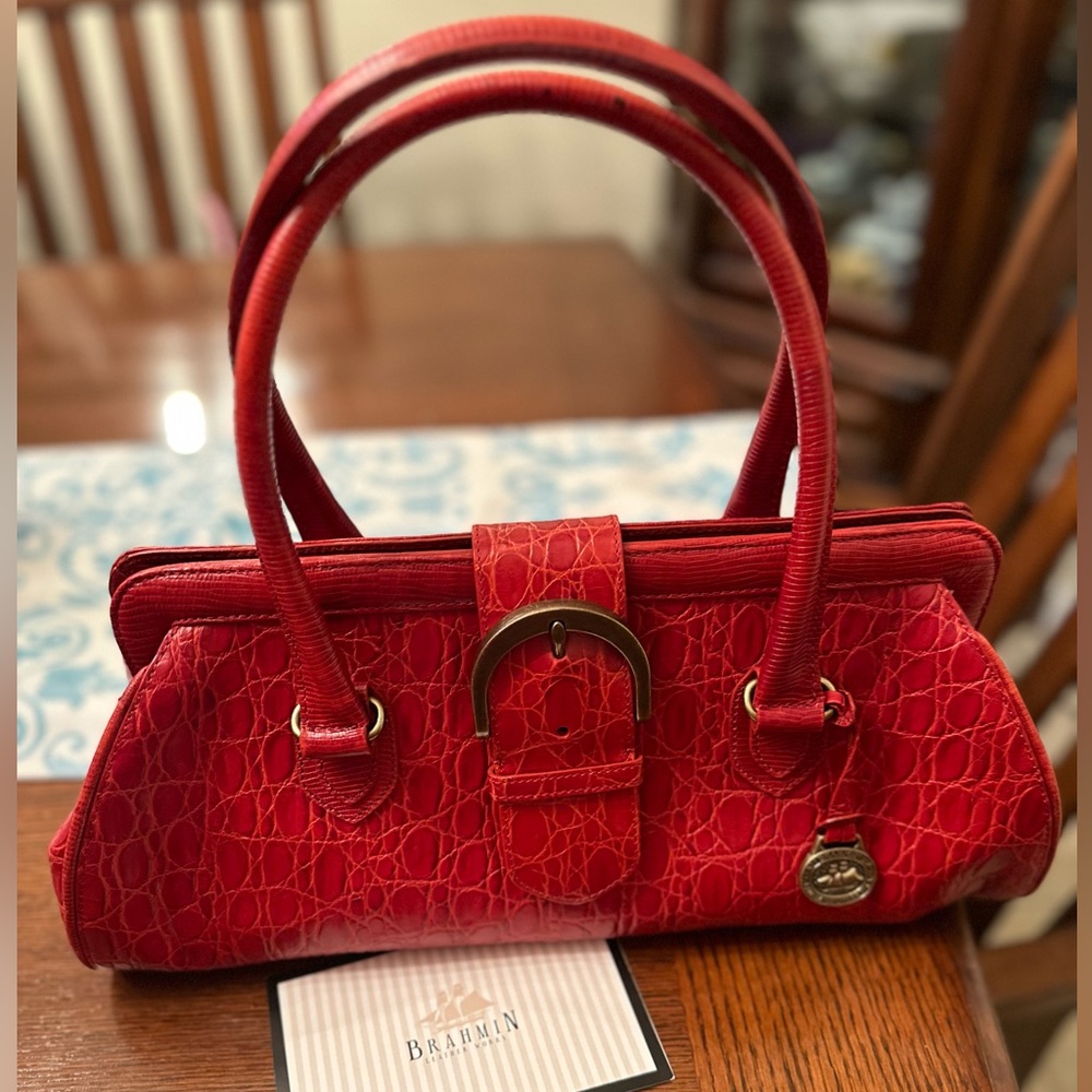 Brahmin Prissy Collection Red Leather Crocodile Embossed Doctor Satchel Bag.